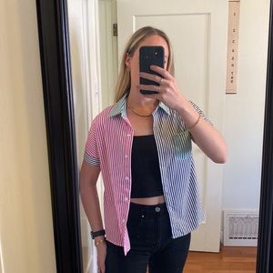 Color block striped button up tee